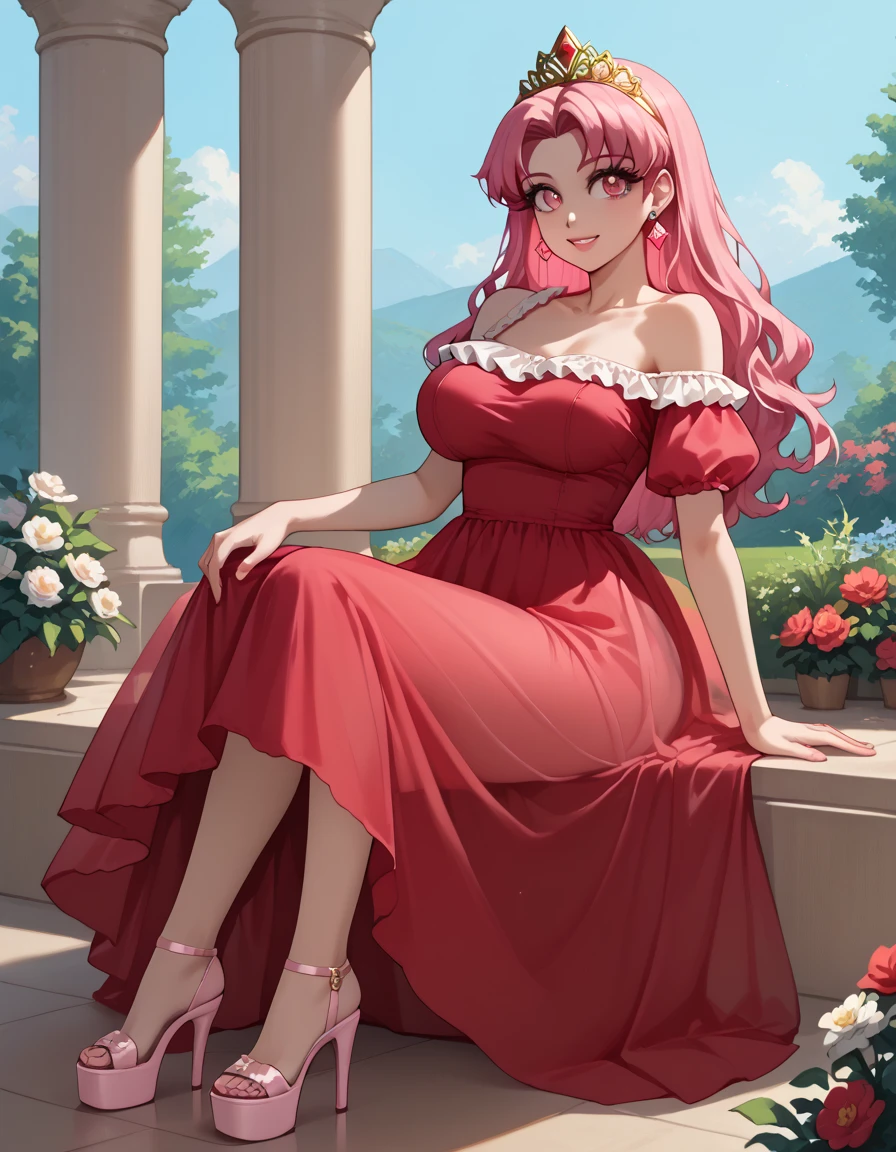 1girl, solo, masterpiece, best quality, (anime art style:1.0),1990s ShoujoManga Anime Style [XLlora], off the shoulder dress, layered dress, short sleeves, ruby red dress, pink eyes, pink and gold tiara, soft pink lips, diamond earrings, frilly dress, pink hair, smiling, round breasts, long eyelashes, 0837 One shoulder sequined tube top ruby red dress, off-shoulder dress, see-through, white frilly socks, pink platform high heels, garden landscape/background