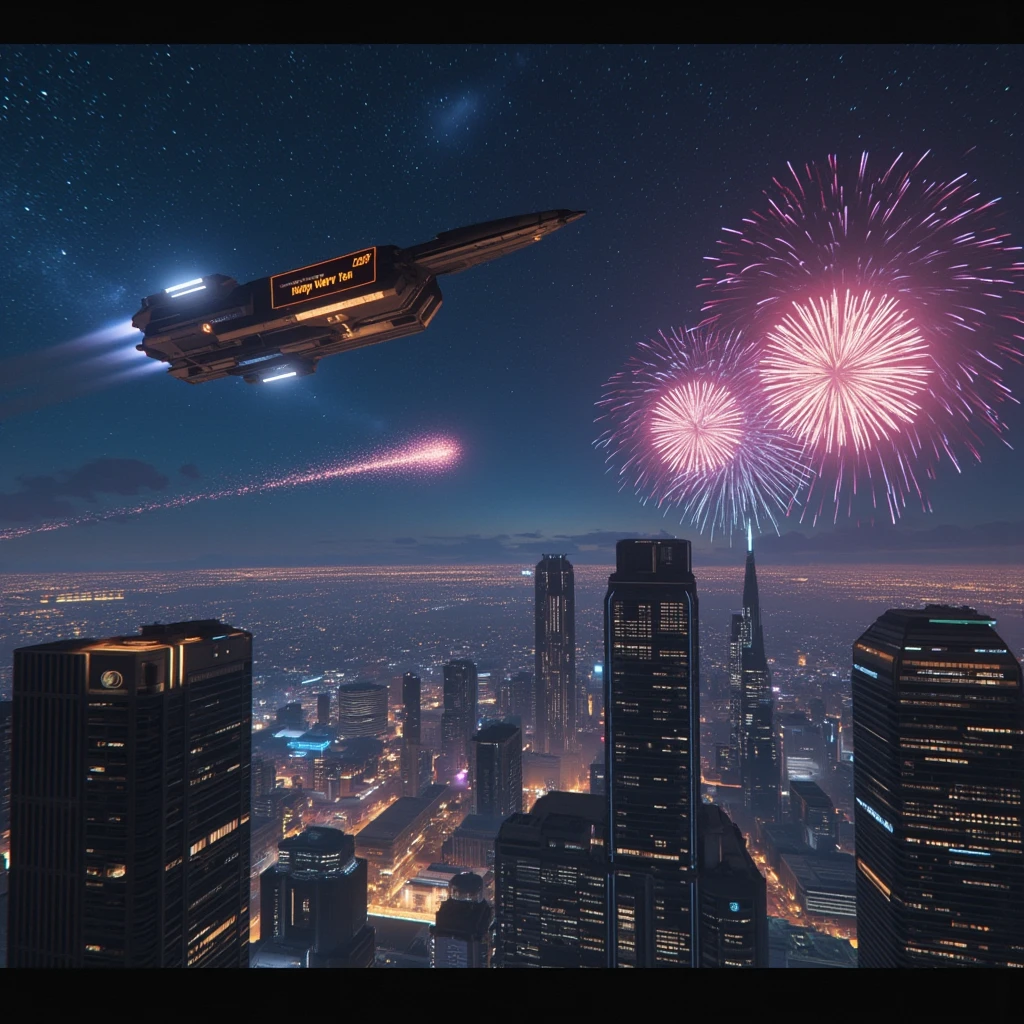 A magnificent view of a futuristic city from space, featuring towering skyscrapers and flying cars bustling with activity. As the city celebrates the New Year, 2025, the atmosphere is filled with dazzling spotlights and vibrant fireworks. A massive spaceship soars overhead, trailing a banner that reads "Happy New Year 2025." The night sky is adorned with countless stars and distant galaxies., Hyperrealism, cinematic lighting, glowing light, reflection light, ray tracing, from above, UHD, award winning, high quality, super detail, highres, 4K