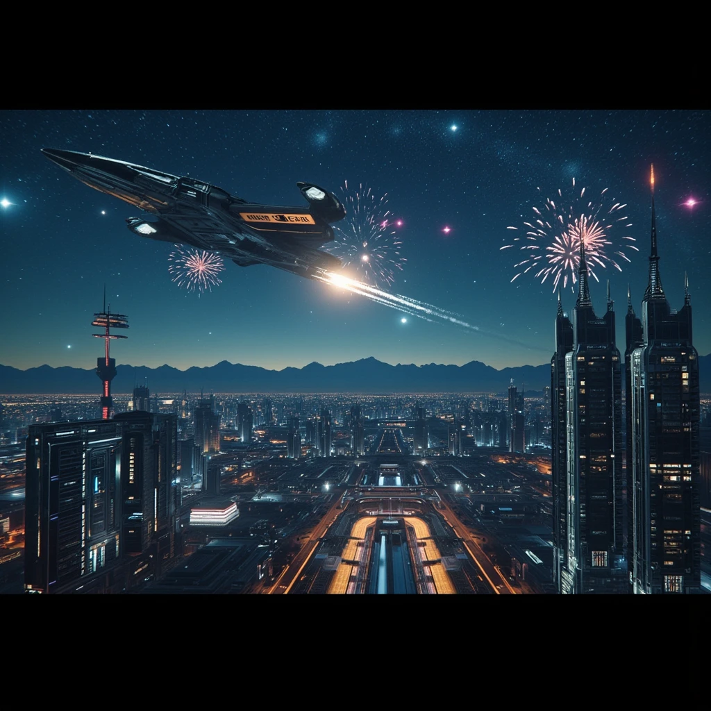 A magnificent view of a futuristic city from space, featuring towering skyscrapers and flying cars bustling with activity. As the city celebrates the New Year, 2025, the atmosphere is filled with dazzling spotlights and vibrant fireworks. A massive spaceship soars overhead, trailing a banner that reads "Happy New Year 2025." The night sky is adorned with countless stars and distant galaxies., Hyperrealism, cinematic lighting, glowing light, reflection light, ray tracing, from above, UHD, award winning, high quality, super detail, highres, 4K