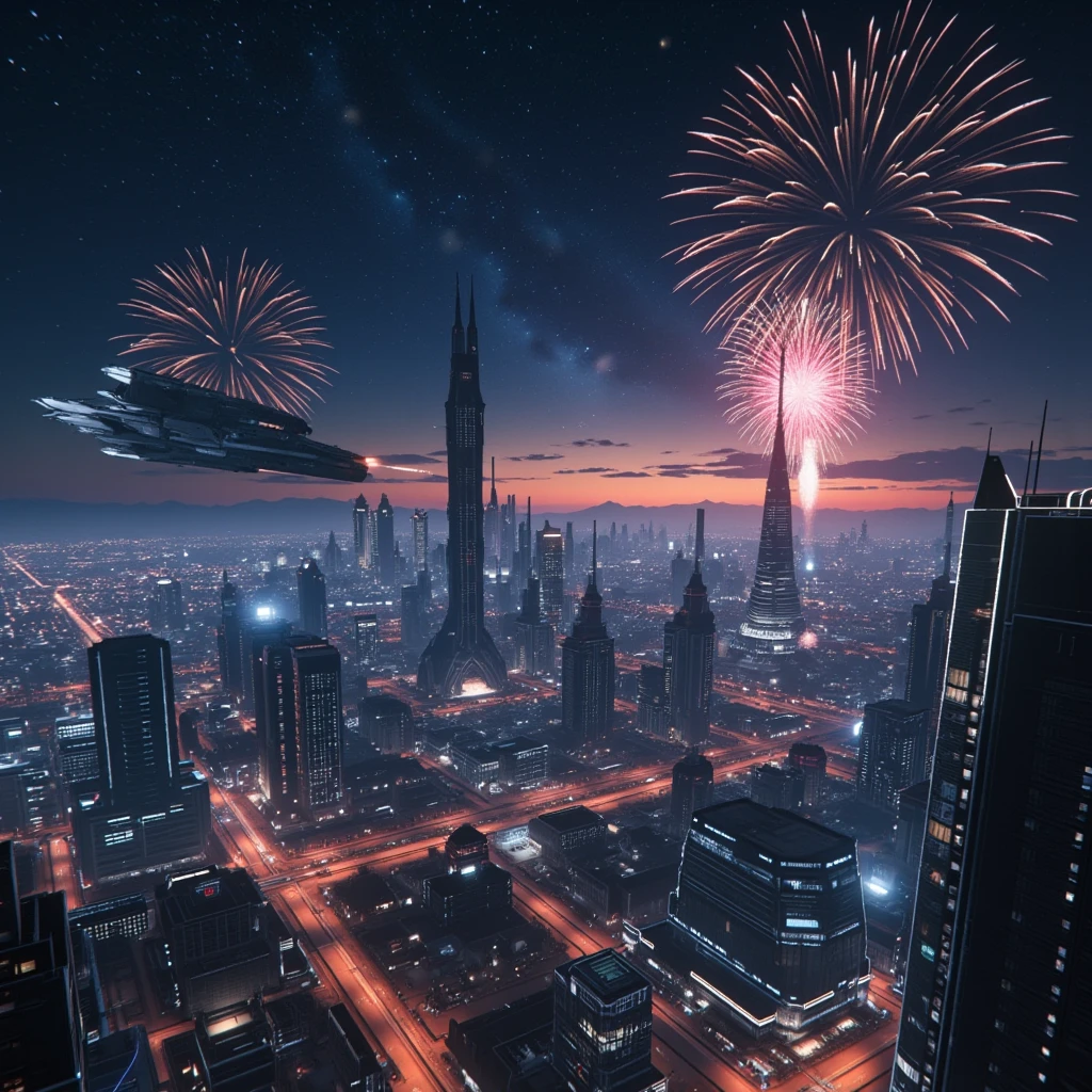 A magnificent view of a futuristic city from space, featuring towering skyscrapers and flying cars bustling with activity. As the city celebrates the New Year, 2025, the atmosphere is filled with dazzling spotlights and vibrant fireworks. A massive spaceship soars overhead, trailing a banner that reads "Happy New Year 2025." The night sky is adorned with countless stars and distant galaxies., Hyperrealism, cinematic lighting, glowing light, reflection light, ray tracing, from above, UHD, award winning, high quality, super detail, highres, 4K