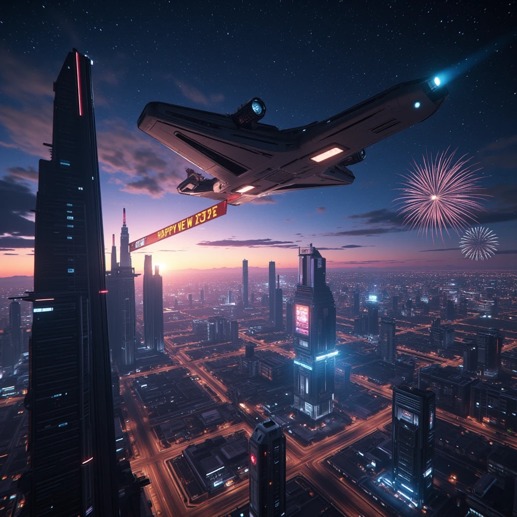 A magnificent view of a futuristic city from space, featuring towering skyscrapers and flying cars bustling with activity. As the city celebrates the New Year, 2025, the atmosphere is filled with dazzling spotlights and vibrant fireworks. A massive spaceship soars overhead, trailing a banner that reads "Happy New Year 2025." The night sky is adorned with countless stars and distant galaxies., Hyperrealism, cinematic lighting, glowing light, reflection light, ray tracing, from above, UHD, award winning, high quality, super detail, highres, 4K