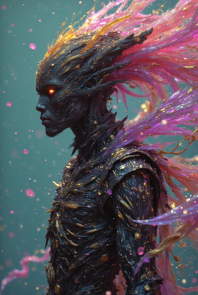 Concept art of an alien warrior, enshrouded in flowing black ink that merges with their form, exuding an enigmatic and sophisticated presence. the image is photorealistic and detailed, reminiscent of a fluid gouache painting with calligraphic flourishes. the scene is lit with a combination of natural and volumetric lighting that casts dramatic highlights and shadows, emphasizing the complexity of the design. the style is fantastical and maximalist, with a mysterious and elegant atmosphere akin to a high-resolution professional photo. the background features a vibrant three-color gradient of teal, magenta, and gold, adding depth and variation to the composition.

