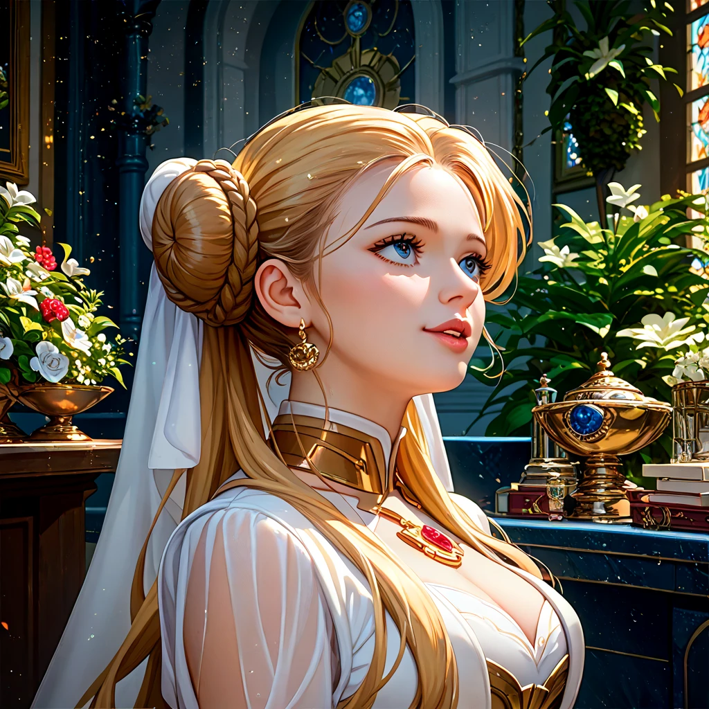 (( top quality)), ((masterpiece)), ( Details), （ Perfect Face）、Fate Testarossa, a young and beautiful blonde, is made to wear Princess Leia's dress, and is dressed up with gorgeous accessories to look like an elegant princess