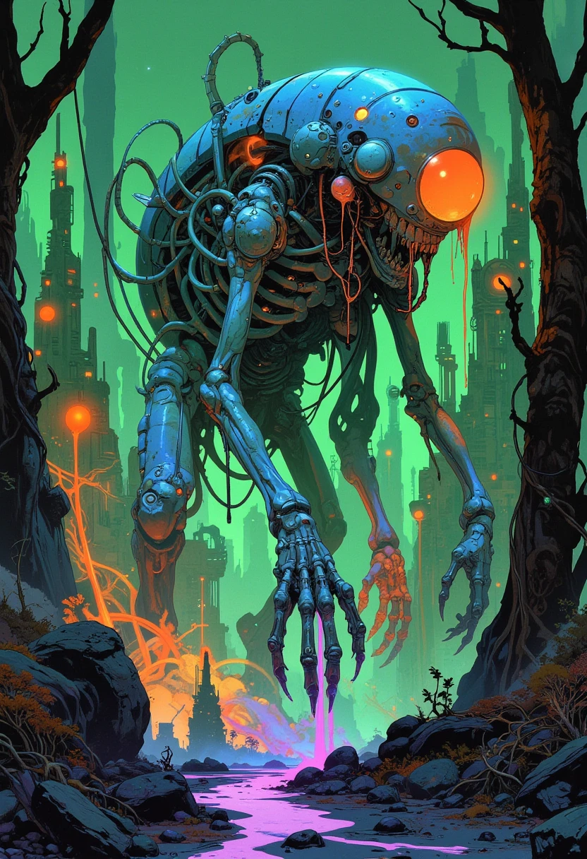 "An anthropomorphic creature, half-machine and half-organic horror, stands in a desolate sci-fi wasteland illuminated by a chaotic neon glow. Its elongated limbs are twisted into biomechanical forms, with glistening, sinewy tendons exposed beneath glowing, translucent plating. Its eyeless face is framed by pulsating, fleshy appendages, while its jagged metallic claws drip with viscous, glowing fluid. The background is a labyrinth of towering, skeletal structures, pulsating with vibrant phosphorescent greens, oranges, and purples, reflecting the haunting influence of H.R. Giger and Zdzisław Beksiński. The atmosphere is suffocatingly eerie, yet dazzling with neon phosphorescence, as the creature stalks through the surreal landscape, a vision of dystopian terror."