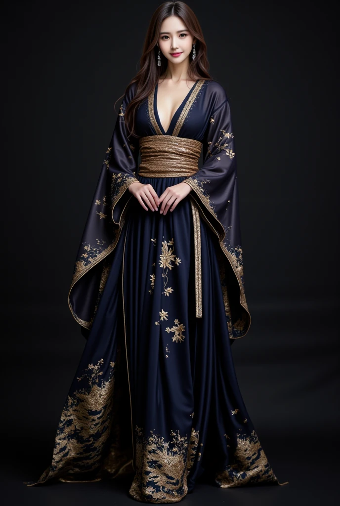 masterpiece, solo,full body, a japanese woman, long hair,black eyes,wearing a long dress,the dress made with the japanese delicate and complex pattarn , thin and soft fabric, dark deep blue, intricate graceful nature pattern with gold and various colors , elegant gown, long flowing sleeves inspired by traditional kimono, sash is inspired obi, delicate embroidery.simple dark background but cinematic light.