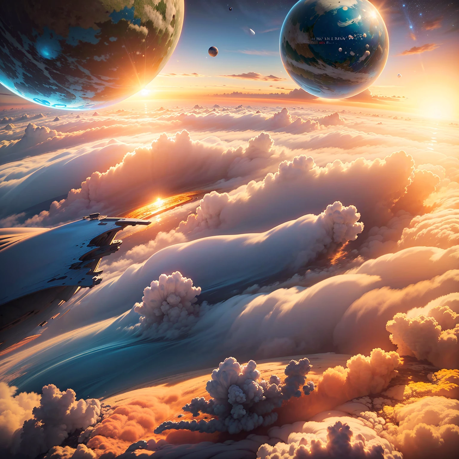 8K quality,(masterpiece:1.3), top quality, detailed images,unmanned, Above the Clouds,Floating( one small sphere is floating(A planet made of water ,Water Planet, Blue Planet )),background(universe,Shining Star々, golden gradation,Sunset gradation).