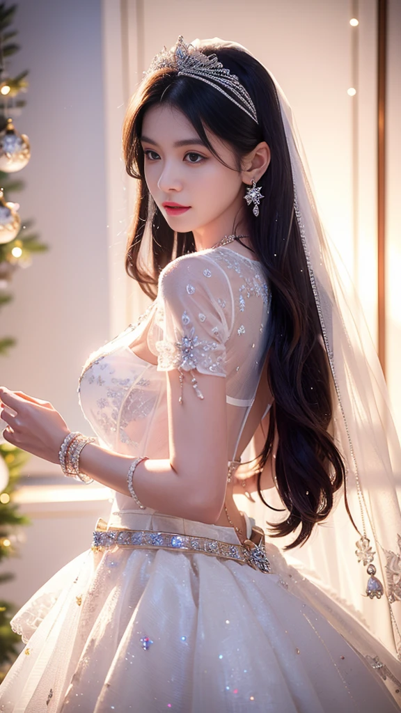 4K, UHD, masterpeice, 1 girl, petfect body, good face, very long hair, ((white skin)), fairytale outfit, red coutfit, bare waist, fujicolor, window, depth of field, ray tracing, ultra realistic detailes,
