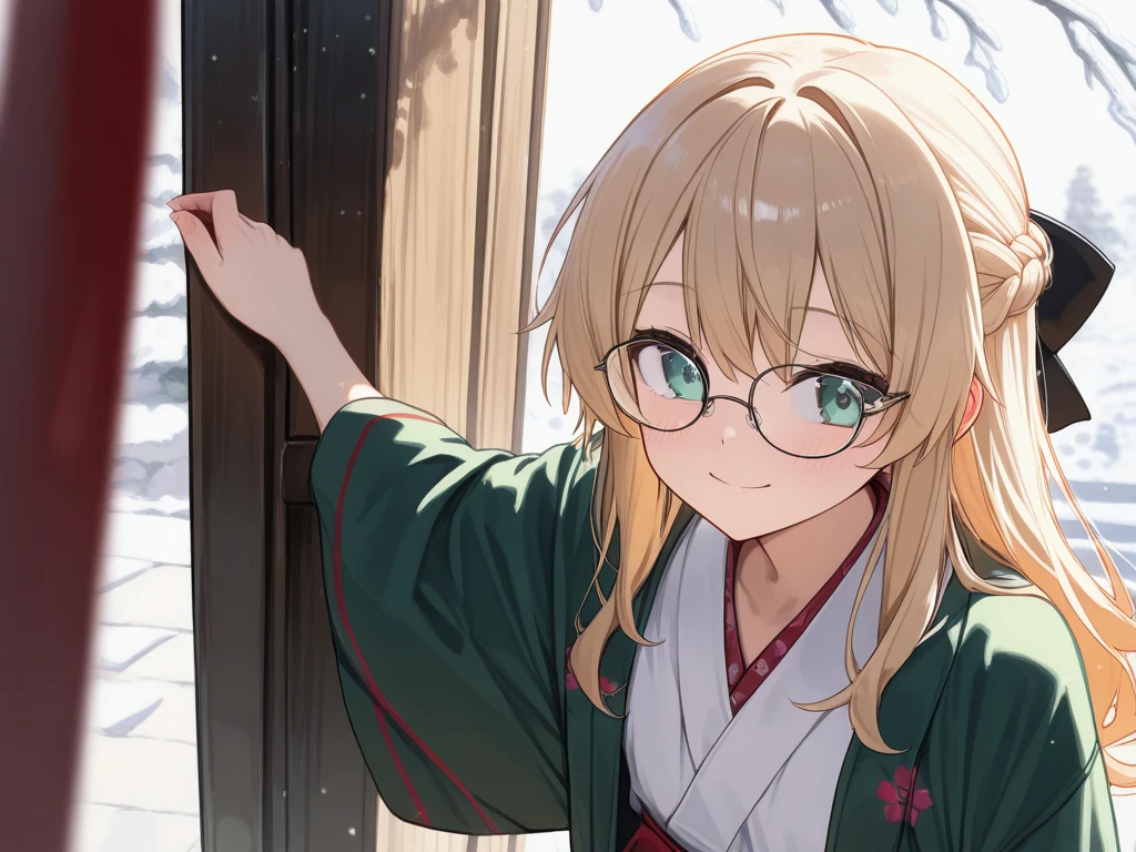  Light Blonde。 long hair。Japanese Uniform。Glasses。