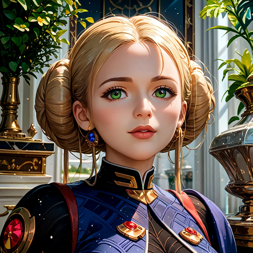 (( top quality)), ((masterpiece)), ( Details), （ Perfect Face）、Fate Testarossa, a young and beautiful blonde, is made to wear Princess Leia's dress, dressed up with gorgeous accessories, and is made to look like an elegant Sith princess