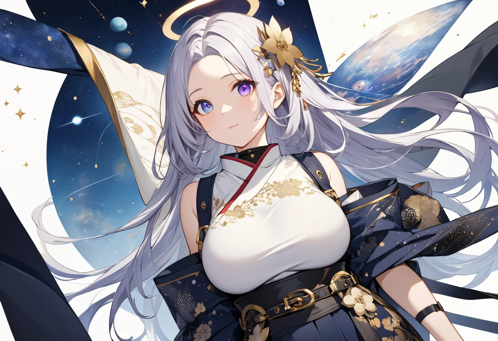 fresh illustration ,
Superfine painting,
top quality,
very delicate illustration ,
Very fine details ,
beautiful attractive anime style ,
Fascinating anime style ,
Super detailed drawing ,
beautiful and sophisticated illustration of one girl ,
full body view,
Height: 158cm,
Fair skin,
right eye blue left eye purple perfect heterochromia ,
large black pupils ,
beautiful eyes,
super long hair,
shiny hair ,
The roots of the hair are blue and the others are gray ,
The hair is gradated
My forehead is half sticking out,
pretty and cute face ,
Cheeks are ruddy,
A small, shiny halo is floating on the back of the head,
Lowering the eyebrows,
since age 27,
The upper half of the body is in a traditional Japanese kimono,
Overall white clothes ,
lower body Nadres ,
The color of the belt is black ,
The design is tastefully embroidered with gold thread,
fine fabric clothing ,
Shoulder-width narrower shoulders,
mega breasts,
Isometric,
Golden Ratio,
god々 like atmosphere,
The undershirt is indigo-colored with a stand-up collar,
outer space ,
There are multiple galaxies ,
Little Star々 upper body ,
tactical use of shadows ,
The hair and the halo on the head do not extend beyond the frame,
Clothes don't stick out of the angle of view ,
garter belt,
stockings ,
The thigh straps are digging into the skin,
lace thong
white long boots ,
There are countless Japanese style ,
Thin Waist,
Thick thighs,
Standing,
Long Shot,