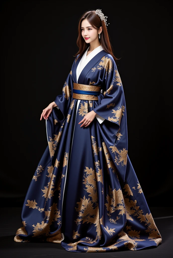 masterpiece, solo,full body, a japanese woman, long hair,black eyes,wearing a long dress,the dress made with the japanese delicate and complex pattarn , thin and soft fabric, dark deep blue, intricate graceful nature pattern with gold and various colors , elegant gown, long flowing sleeves inspired by traditional kimono, sash is inspired obi, delicate embroidery.simple dark background but cinematic light.