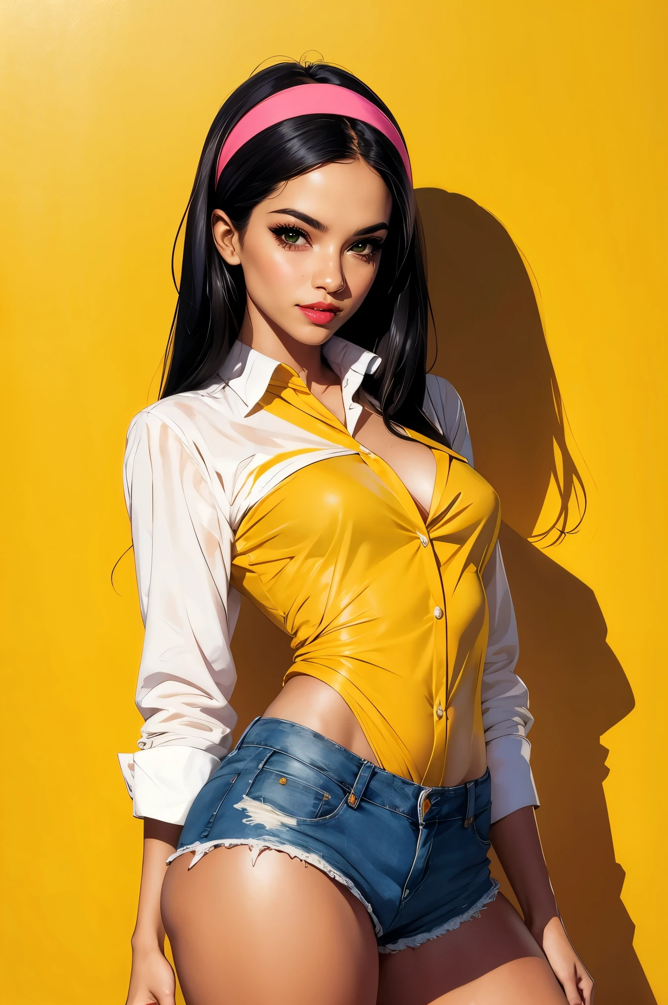 Alluring young girl, smile, collared shirt, unbuttoned shirt, sleeves rolled up, denim shorts, small breast, hairband, (wide hips), sexy thighs, ((straight hair)), comic retro style, (masterpiece, best quality:1.2), simple background