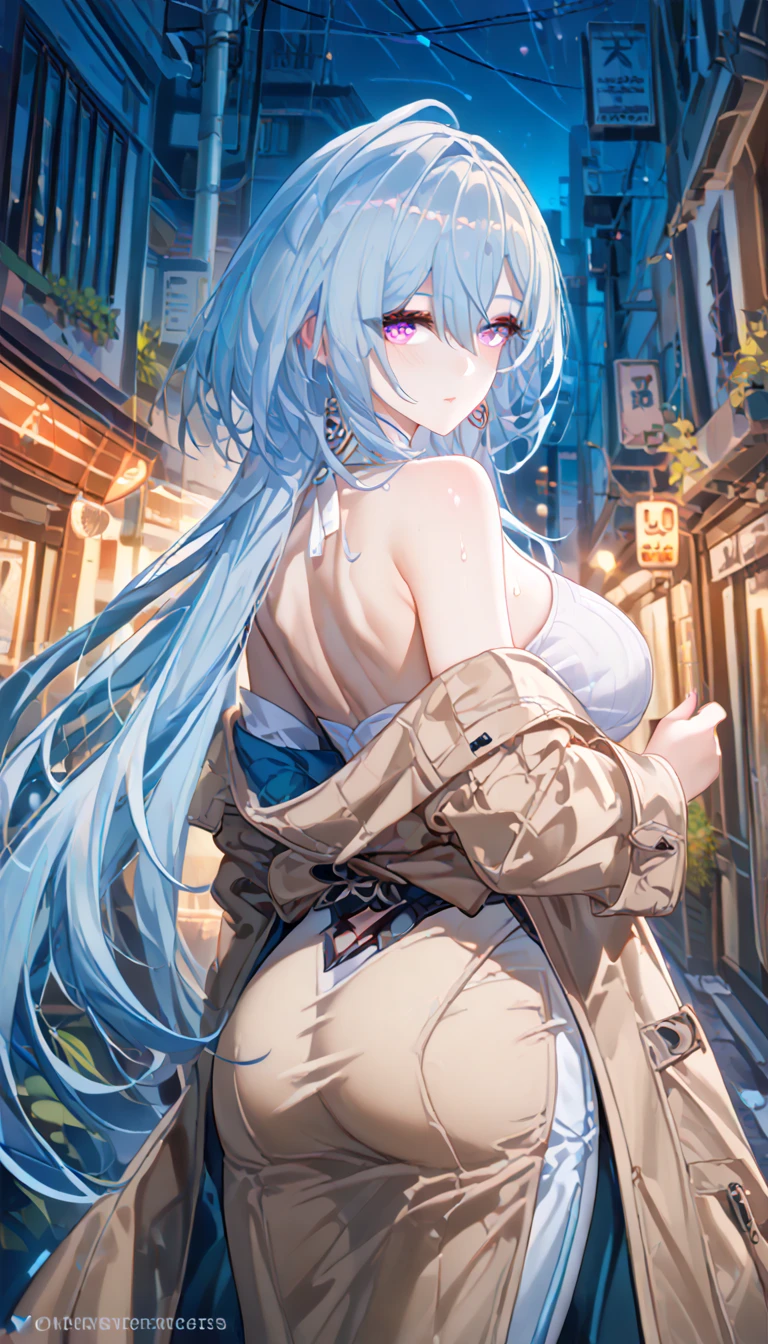 ultra-detailed,(best quality),((masterpiece)),(highres),original,extremely, 1girl, griseo, honkai impact 3rd,beautiful lady, purple eyes, blue hair, large breasts, blush, long hair, trench coat , beautiful body, body heat, curvy, mature, white skin, back view, looking at viewer, dark night street, back alley, look back,modern style, from a distance,