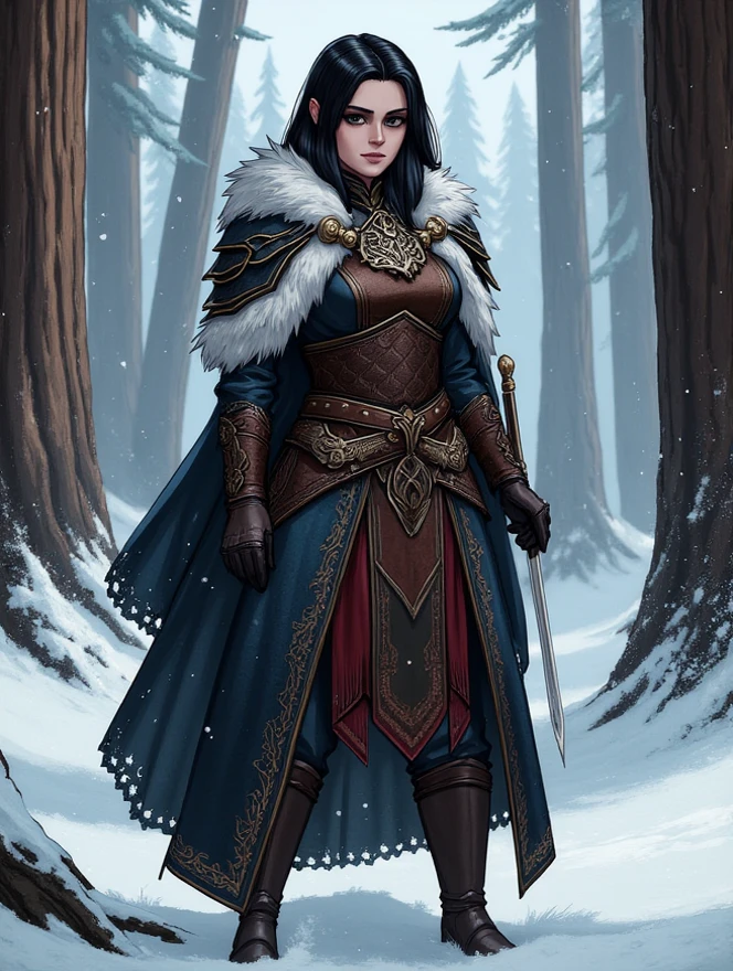  woman in armor standing in a snowy forest, skyrim inspired, wearing intricate fur armor, yennefer of vengerberg, yennefer, fur and leather armor, stunning armor, wolf armor, very stylish fantasy armor, female armor, skyrim armor, ornate cosplay, redwood forest themed armor, witcher)), wearing studded leather armor, wearing fantasy armor
