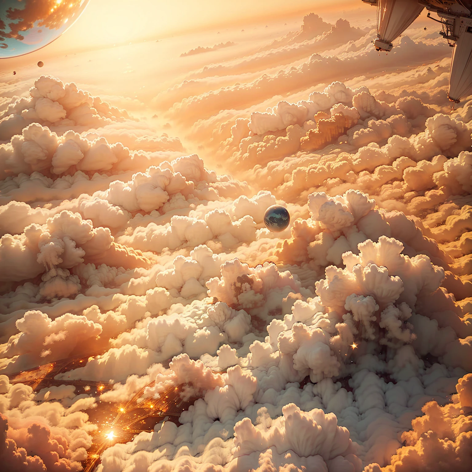 8K quality,(masterpiece:1.3), top quality, detailed images,unmanned, Above the Clouds,Floating( one small sphere floating(Water Planet)),background(universe,Shining Star々, golden gradation,Sunset gradation).