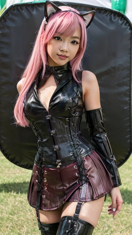 Asian teen solo with pink hair, straight hair, slim model, latex corset pink black , latex pleated skirt pink black, latex arm warmers, knee high latex boots, cat ears, bouncy castle
