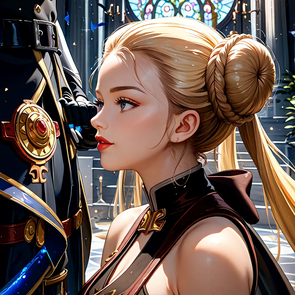 (( top quality)), ((masterpiece)), ( Details), （ Perfect Face）、Fate Testarossa, a young and beautiful blonde, is made to wear Princess Leia's dress, dressed up with gorgeous accessories, and is made to look like a dark princess of the Sith full of elegance