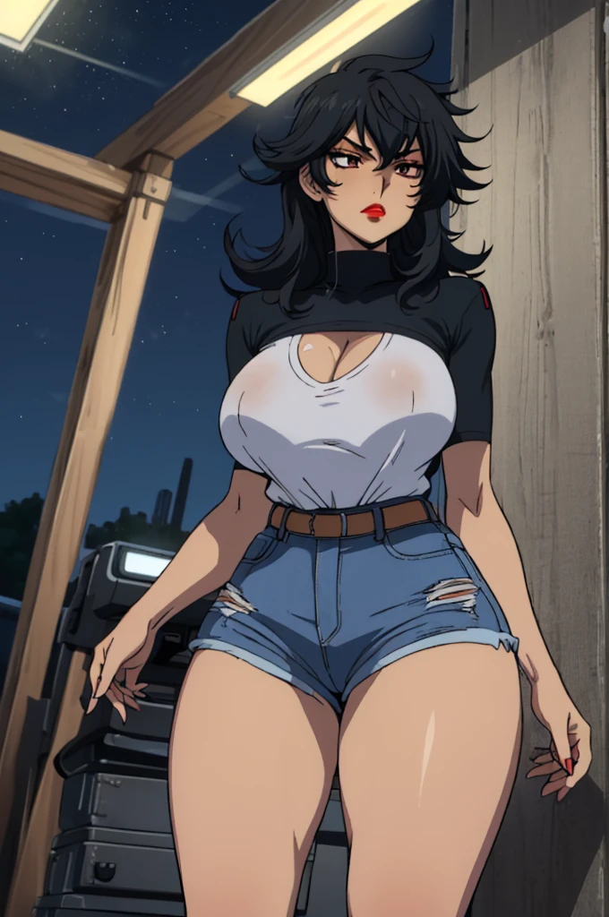 closed mouth, (), ((1girl)), ((((solo))), (((alone))), (((genderbend))), (((female))), wide hips, thick thighs, huge breast, narrow waist,  ((blue top)), (jean mini shorts), ((anime artstyle)), long eyelashes, ((long black hair)), (prostitute), (((at night))), (red lipstick), (black eyeshadow), (in the dark)