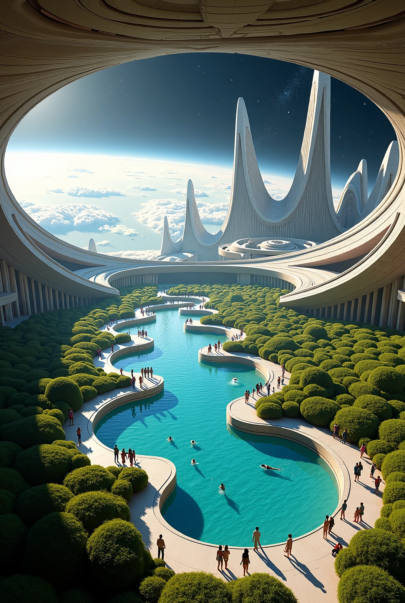  panoramic image seen from inside a gigantic space station hundreds of kilometers long orbiting the Earth in dark and starry outer space,  inside there is a human colony with hundreds of fractal-shaped buildings and pools with crystal clear water and a green lawn mowed with hundreds of bathers circling and swimming, The city the colony extends across the ring , It is possible to see on the horizon the internal curvature of the ground that rises circling the station with the entire length of the space city ,  as realistic as possible