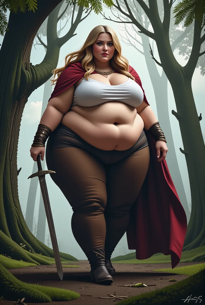 A photo of a fat obese woman walking through a medieval forest, giantess, blonde hair, red cape, tight white tunic, tight brown pants, fat thighs, medieval clothing, holding sword, eerie scenery