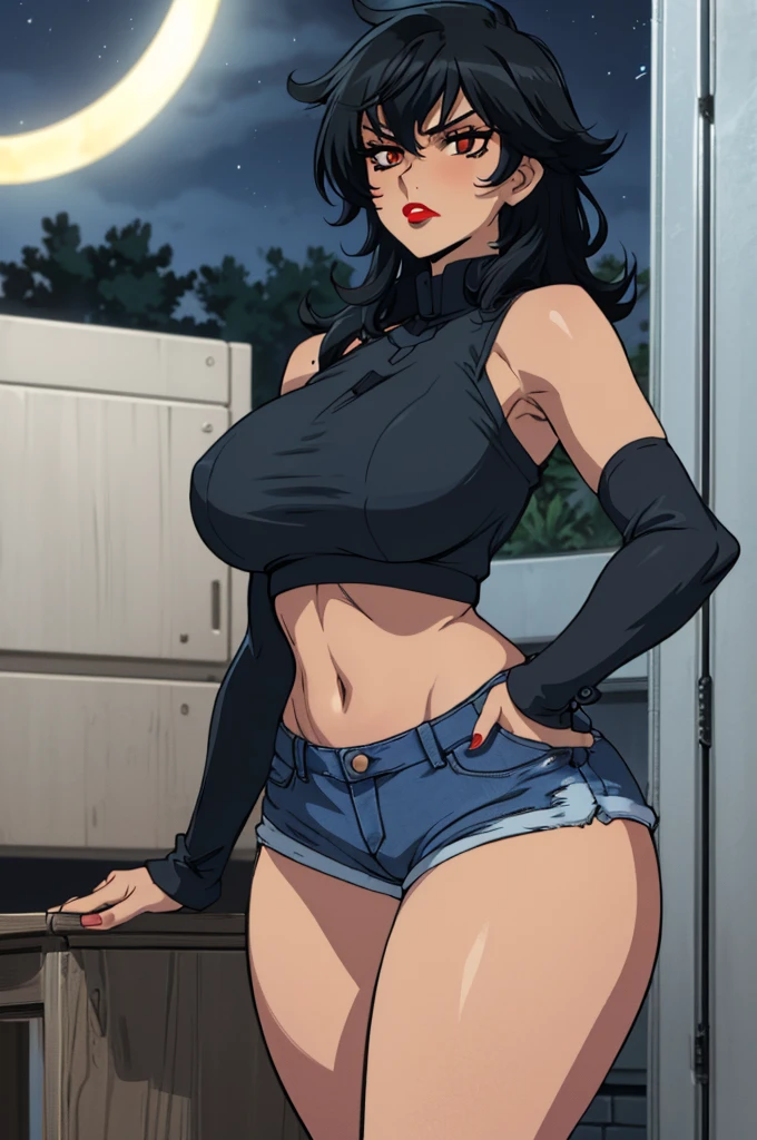 closed mouth, (), ((1girl)), ((((solo))), (((alone))), (((genderbend))), (((female))), wide hips, thick thighs, huge breast, narrow waist,  ((blue top)), (jean mini shorts), ((anime artstyle)), long eyelashes, ((long black hair)), (prostitute), (((at night))), (red lipstick), (black eyeshadow), (in the dark)