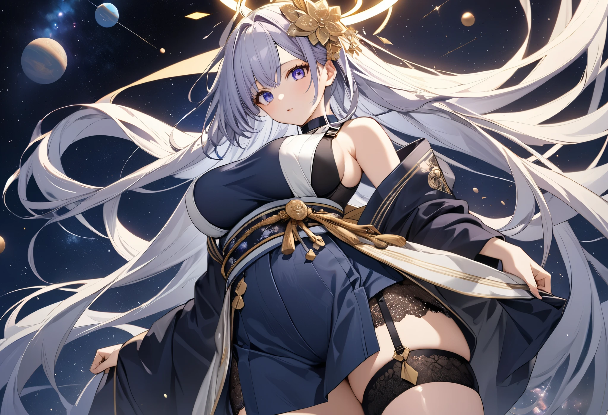 fresh illustration ,
Superfine painting,
top quality,
very delicate illustration ,
Very fine details ,
beautiful attractive anime style ,
Fascinating anime style ,
Super detailed drawing ,
beautiful and sophisticated illustration of one girl ,
full body view,
Height: 158cm,
Fair skin,
right eye blue left eye purple perfect heterochromia ,
large black pupils ,
beautiful eyes,
super long hair,
shiny hair ,
The roots of the hair are blue and the others are gray ,
The hair is gradated
My forehead is half sticking out,
pretty and cute face ,
Cheeks are ruddy,
A small, shiny halo is floating on the back of the head,
Lowering the eyebrows,
since age 27,
The upper half of the body is in a traditional Japanese kimono,
Overall white clothes ,
lower body Nadres ,
The color of the belt is black ,
The design is tastefully embroidered with gold thread,
fine fabric clothing ,
Shoulder-width narrower shoulders,
mega breasts,
Isometric,
Golden Ratio,
god々 like atmosphere,
The undershirt is indigo-colored with a stand-up collar,
outer space ,
There are multiple galaxies ,
Little Star々 upper body ,
tactical use of shadows ,
The hair and the halo on the head do not extend beyond the frame,
Clothes don't stick out of the angle of view ,
garter belt,
stockings ,
The thigh straps are digging into the skin,
lace thong
white long boots ,
There are countless Japanese style ,
Thin Waist,
Thick thighs,
Standing,
Long Shot,