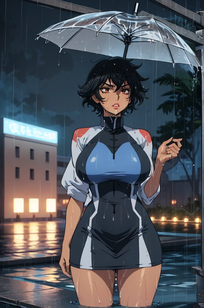 closed mouth, (20 years old), ((1girl)), ((((solo))), (((alone))), (((genderbend))), (((female))), wide hips, thick thighs, huge breast, narrow waist,  ((blue top)), ((short skin tight blue cocktail dress)), dark Streats, ((anime artstyle)), long eyelashes, ((long black hair)), (((at night))), (red lipstick), (black eyeshadow), (in the dark), (((raining))), (((wet))), (((wet clothes)))