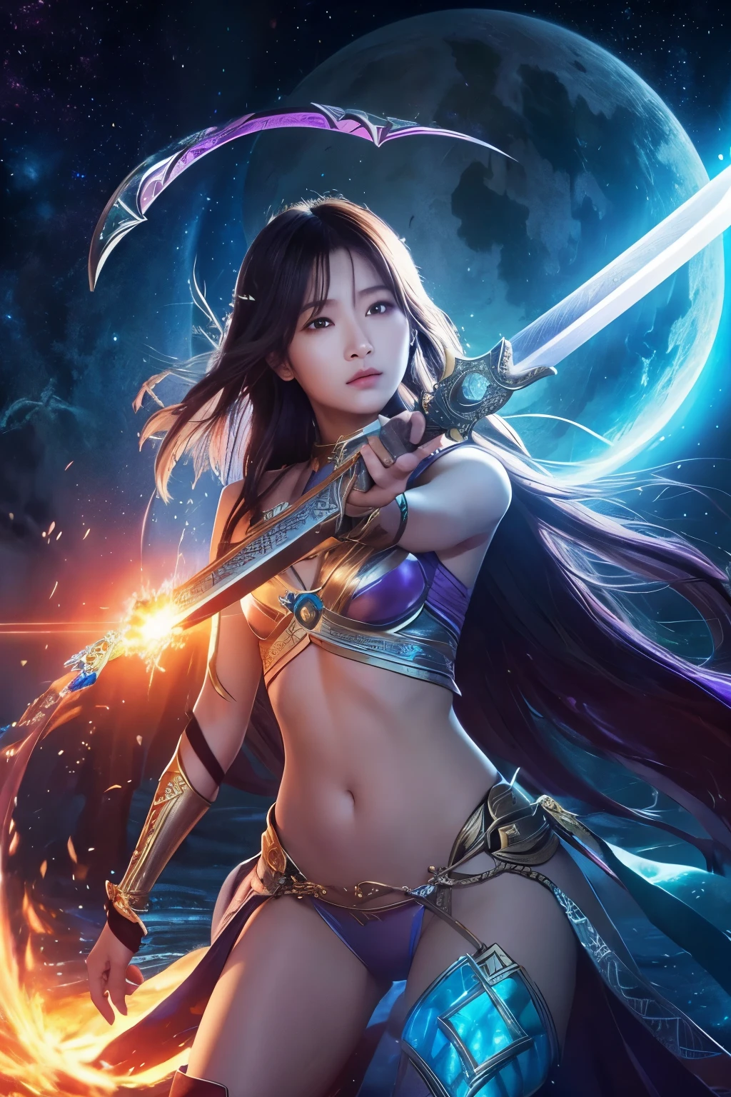 Arafad image of a woman holding a sword and sword, Game CG, g liulian art style, Blade and Soul, 一位美丽的Female Warrior, Beautiful ass,Female Warrior, Female knight in bikini armor, Wang Chen, The cover of a new video game, katana zero video game character, xianxia hero, Popular on cgstation