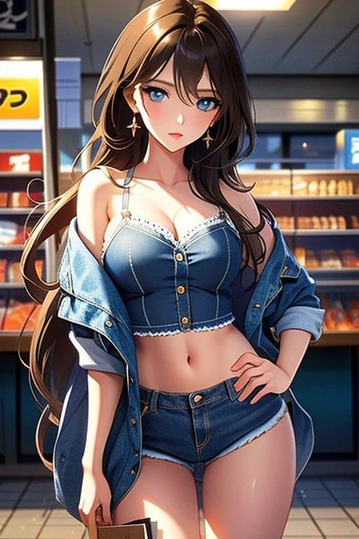 (Masterpiece,  top quality,  ultra detail ,  high definition,  very detailed CG pinching boob,  Official Art,  PROFESSIONAL LIGHTING,  perfect anatomy,  anime color ), (from below),  Watching Viewers ,  COWBOY SHOOTING ,  perfect body,  24 year old beautiful girl,  side lock,  hair band ,  earrings, Medium Hips , glamorous body, small face,Beautiful Makeup, Makeup Light , dark brown hair , Amazing Cleavage,  Thin Waist, Cute ass,  sexy,  small chest : 1.2 Cleavage Poses:1.2, ( off the shoulder,Denim bra,Long legged nude),  micro denim shorts, Bare legs, Nail_polish,  blue-white skin, Waiting for a friend, (:1.5), Tokyo, ( convenience store :1.3),  outdoor, ( depth of field:1.3),   opposed, (With coffee in hand:1.3), Delicate and Beautiful Face,  bright blue eyes ,  cute eyes from the right, Sparkling Eyes,  big eyes, ( taut chest:1.1), (Pointed Chest:1.3),  Watching Viewers ,
