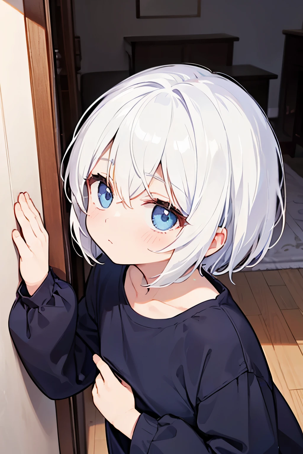 White clothes、 composition showing face off the wall、Eye color is dark blue、The image of hide and seek、It looks like it was sneaky、Pure white clothes 、 Neutral Male、Long sleeve T-shirt、Moe sleeves、With one hand in front of the face1Composition of making a finger of 「Shhhh」It is said that、Short Hair、Angle is front、 slightly angled angle of view 、 Upper Eye Care、 uneasy expression 、 neutral and cute visual 、White Hair、 quiet impression 、 oversized clothes、 room walls are white 、Only one person