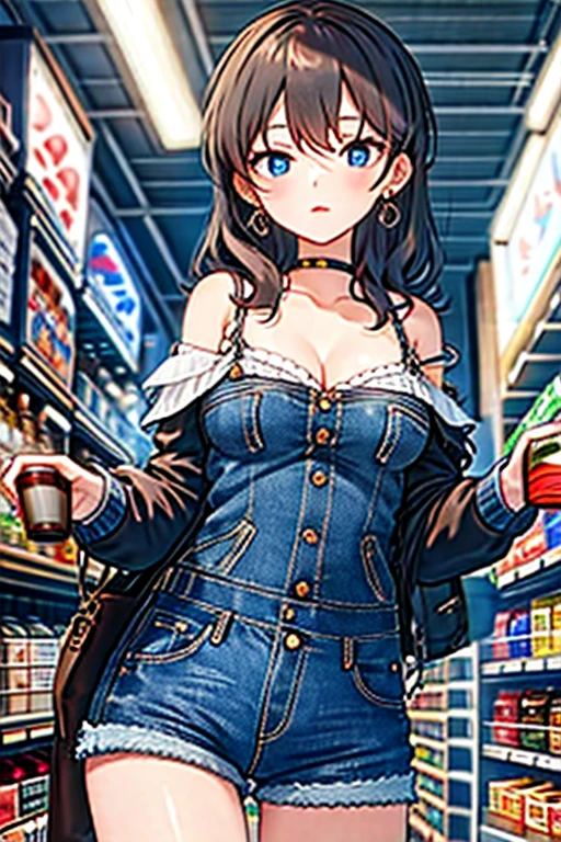 (Masterpiece,  top quality,  ultra detail ,  high definition,  very detailed CG pinching boob,  Official Art,  PROFESSIONAL LIGHTING,  perfect anatomy,  anime color ), (from below),  Watching Viewers ,  COWBOY SHOOTING ,  perfect body,  24 year old beautiful girl,  side lock,  hair band ,  earrings, Medium Hips , glamorous body, small face,Beautiful Makeup, Makeup Light , dark brown hair , Amazing Cleavage,  Thin Waist, Cute ass,  sexy,  small chest : 1.2 Cleavage Poses:1.2, ( off the shoulder,Denim bra,Long legged nude),  micro denim shorts, Bare legs, Nail_polish,  blue-white skin, Waiting for a friend, (:1.5), Tokyo, ( convenience store :1.3),  outdoor, ( depth of field:1.3),   opposed, (With coffee in hand:1.3), Delicate and Beautiful Face,  bright blue eyes ,  cute eyes from the right, Sparkling Eyes,  big eyes, ( taut chest:1.1), (Pointed Chest:1.3),  Watching Viewers ,
