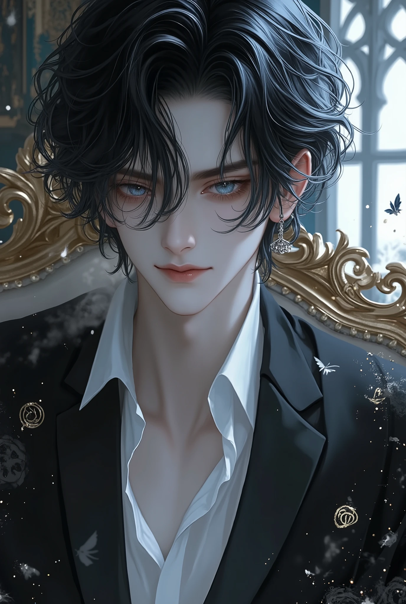 anime boy, absurdres, highres, ultra detailed, HDR, master piece, best quality, extremely detailed face, delicated features, Jaehwan, black hair, messy hair, short hair, no fringe, without bangs, expressive blue eyes, The World After The Fall, solo, sexy man, handsome, sensual, adult face, smirking, fantasy, magical, black Gothic fashion, KPOP, cold, aristocratic room, Transparent