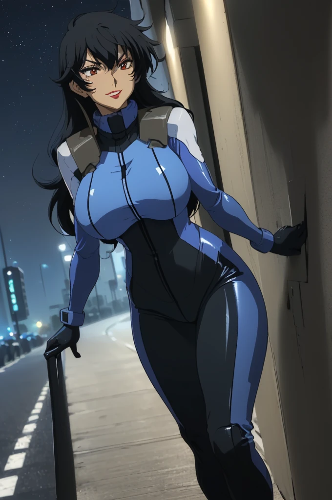 closed mouth, (), ((1girl)), ((((solo))), (((alone))), (((genderbend))), (((female))), wide hips, thick thighs, huge breast, narrow waist, ((porn movie)), ((sexy skin tight latex blue celestial being pilot suit)), ((anime artstyle)), long eyelashes, ((((long black hair)))), ((prostitute)), (((at night))), (red lipstick), (black eyeshadow), (in the dark), smiling.