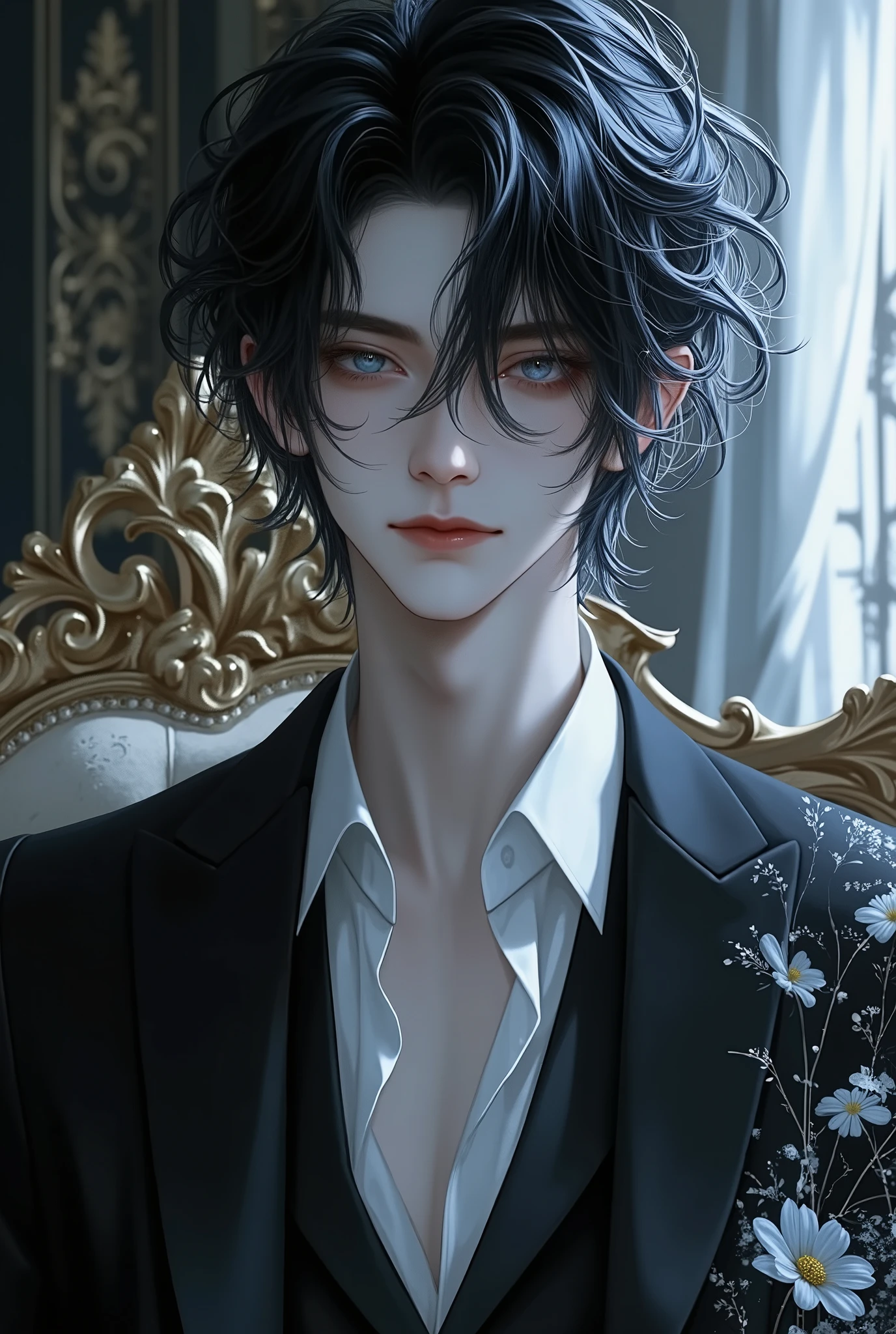 anime boy, absurdres, highres, ultra detailed, HDR, master piece, best quality, extremely detailed face, delicated features, Jaehwan, black hair, messy hair, short hair, no fringe, without bangs, expressive blue eyes, The World After The Fall, solo, sexy man, handsome, sensual, adult face, smirking, fantasy, magical, black Gothic fashion, KPOP, cold, aristocratic room, Transparent