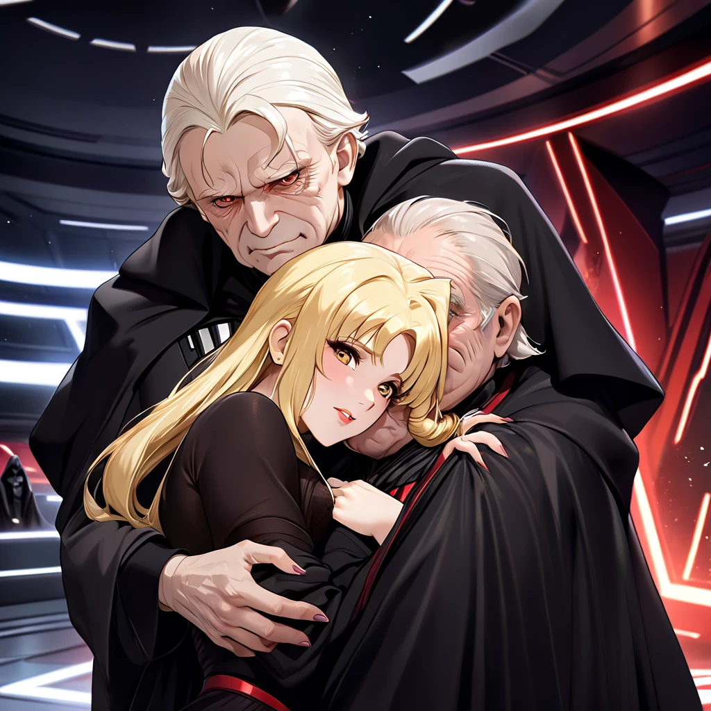 (( top quality)), ((masterpiece)), ( Details), （ Perfect Face）、Fate Testarossa, who has beautiful young blonde hair as Princess Leia's hairstyle, became the wife of the evil Dark Lord wearing a gorgeous black dress of the Princess of the Dark Lord, wore an engagement ring, and sincerely loved Darth Sidious, an ugly old man from the Sith of the Galactic Empire, and hugged and snuggled up to each other deeply