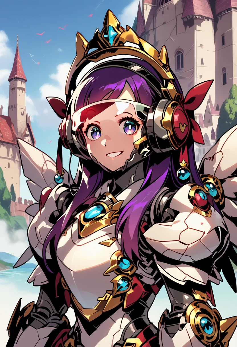 1girl, Arianna, long hair, purple hair, gauntlets, armor, standing, castle, upper body, smiling, mecha, mechanical arms, mechanical legs, mechanical eyes, mechanical halo, mechanical wings, protogen visor, visor, looking at viewer, facing viewer, 