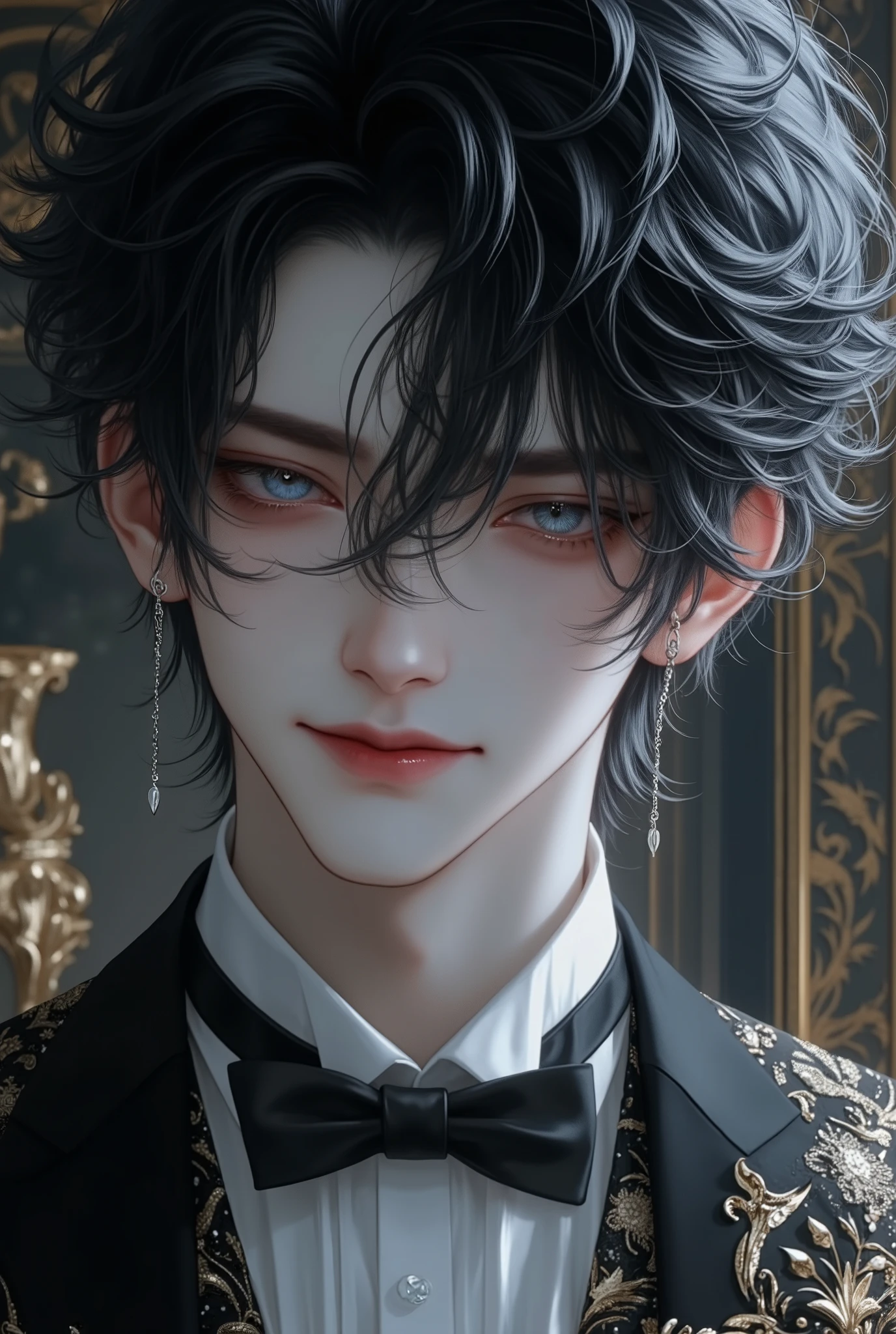 anime boy, absurdres, highres, ultra detailed, HDR, master piece, best quality, extremely detailed face, delicated features, Jaehwan, black hair, messy hair, short hair, no fringe, without bangs, expressive blue eyes, The World After The Fall, solo, sexy man, handsome, sensual, adult face, smirking, fantasy, magical, black Gothic fashion, KPOP, cold, aristocratic room, Transparent