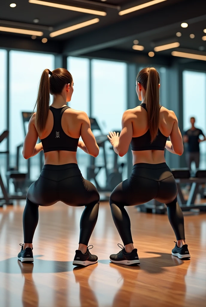 Give me image of the woman, alone, at the gym with a training outfit posing, I need the image to be dark, to be able to offer my services as a personal trainer, with top and nike leggings, showing ass