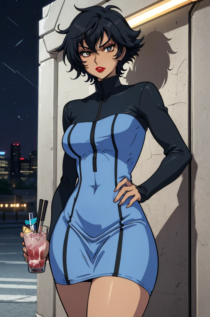 best quality, ultra-detailed, best illustration, masterpiece, high res (1girl:1.3), closed mouth, (), ((1girl)), ((((solo))), (((alone))), (((genderbend))), (((female))), wide hips, thick thighs, flat chest, narrow waist,  ((blue top)), ((skin tight blue cocktail dress)), cocktail, party, ((anime artstyle)), long eyelashes, ((long black hair)), (((at night))), (red lipstick), (black eyeshadow), (in the dark)