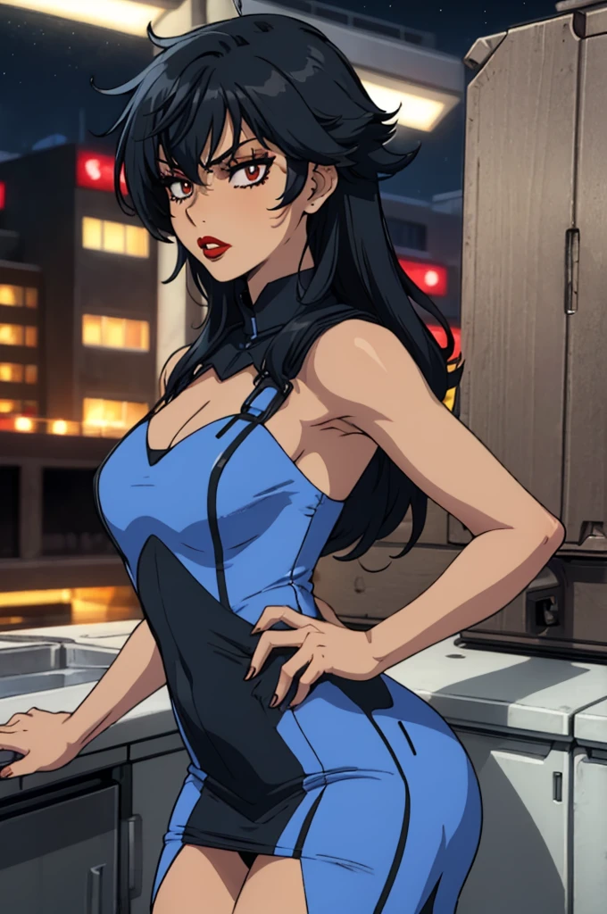 best quality, ultra-detailed, best illustration, masterpiece, high res (1girl:1.3), closed mouth, (), ((1girl)), ((((solo))), (((alone))), (((genderbend))), (((female))), wide hips, thick thighs, flat chest, narrow waist,  ((blue top)), ((skin tight blue cocktail dress)), cocktail, party, ((anime artstyle)), long eyelashes, ((long black hair)), (((at night))), (red lipstick), (black eyeshadow), (in the dark)