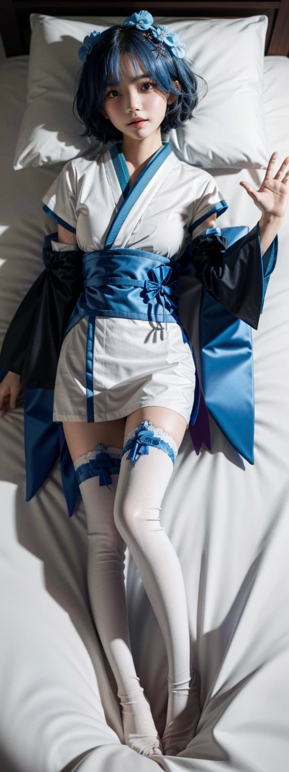 masterpiece, best quality, highres,
<lora:onna_shinkan:0.9>, onna_shinkan, long hair, hat, long sleeves, dress, white headwear, thighhighs, very long hair, thigh boots, wide sleeves, hair between eyes, white thighhighs,
bedroom, on bed,
1girl, looking at viewer, (lying, on back:1.3), from above, full body, (Masterpiece:1.2), (Best Quality), (perfect face), full body portrait, perfect skin, (detailed body:1.2), (detailed face:1.1), (rendered eyes:1.3),
