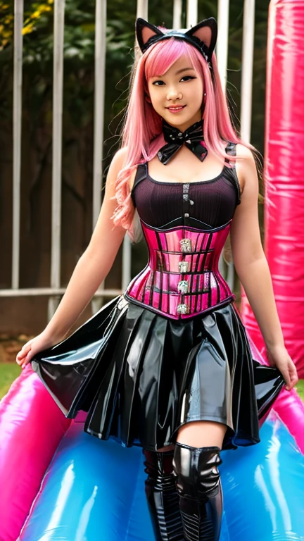 Asian  solo with pink hair, straight hair, slim model, latex corset pink black , latex pleated skirt pink black, latex arm warmers, knee high latex boots, cat ears, bouncy castle
