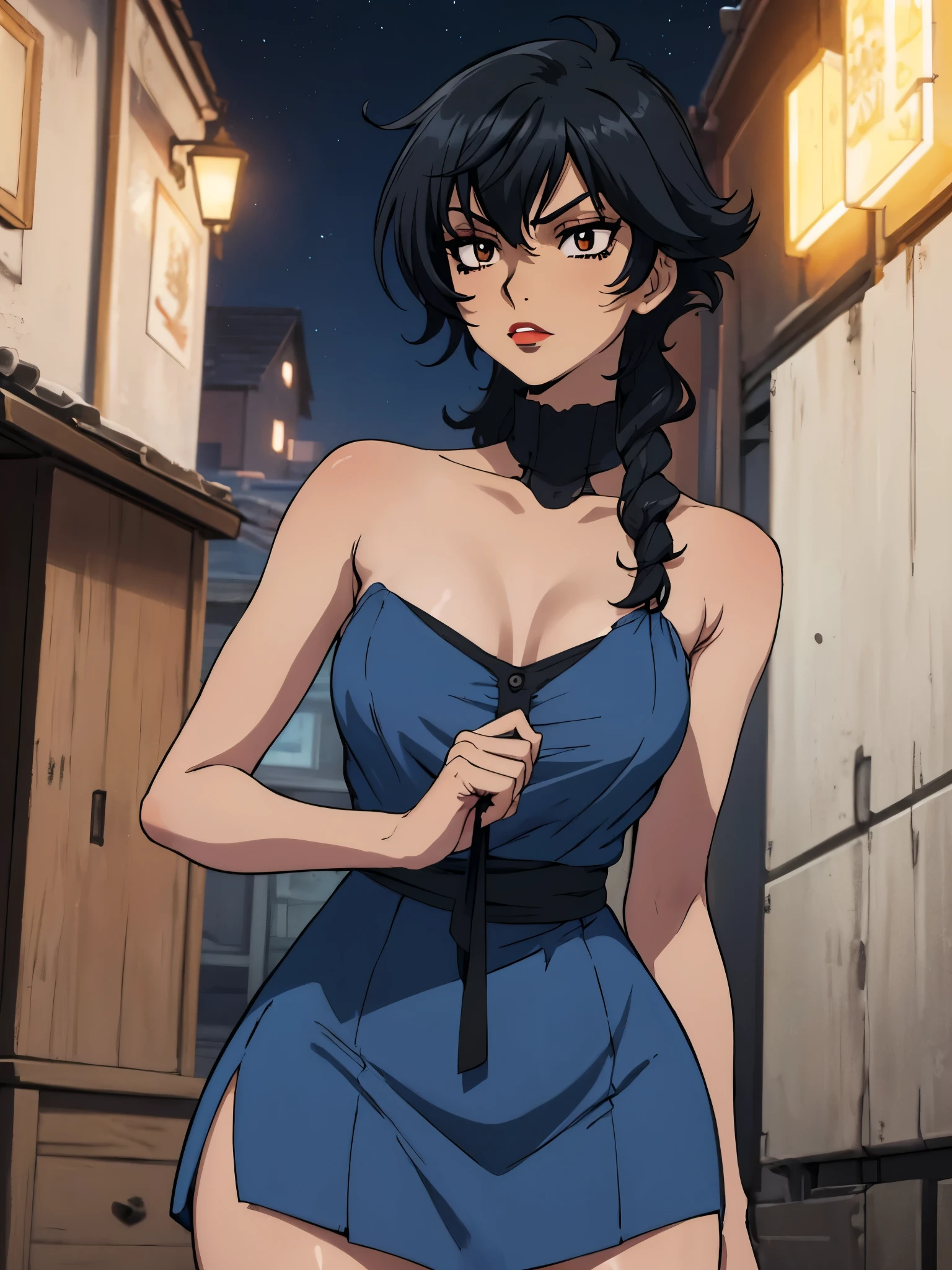 best quality, ultra-detailed, best illustration, masterpiece, high res (1girl:1.3), closed mouth, (19 years old), ((1girl)), ((((solo))), (((alone))), (((genderbend))), (((female))), wide hips, thick thighs, flat chest, narrow waist,  ((blue top)), ((blue dress)), mansion, ((anime artstyle)), long eyelashes, ((long black hair)), (((at night))), (red lipstick), (black eyeshadow), (in the dark)