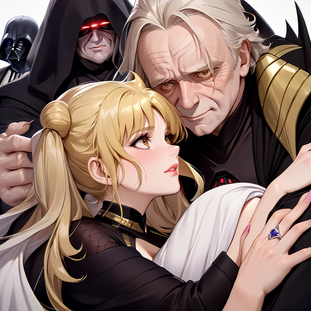 (( top quality)), ((masterpiece)), ( Details), （ Perfect Face）、Fate Testarossa, who has beautiful young blonde hair as Princess Leia's hairstyle, became the wife of the evil Dark Lord wearing a gorgeous black dress of the Princess of the Dark Lord, wore an engagement ring, and sincerely loved Darth Sidious, an ugly old man from the Sith of the Galactic Empire, and hugged and snuggled up to each other deeply