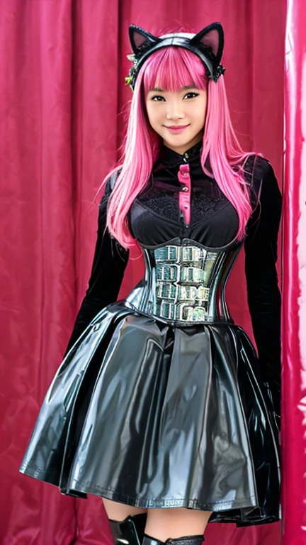 Asian  solo with pink hair, straight hair, slim model, latex corset pink black , latex pleated skirt pink black, latex arm warmers, knee high latex boots, cat ears, bouncy castle
