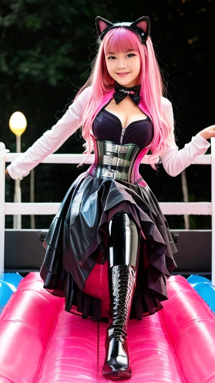 Asian  solo with pink hair, straight hair, slim model, latex corset pink black , latex pleated skirt pink black, latex arm warmers, knee high latex boots, cat ears, bouncy castle
