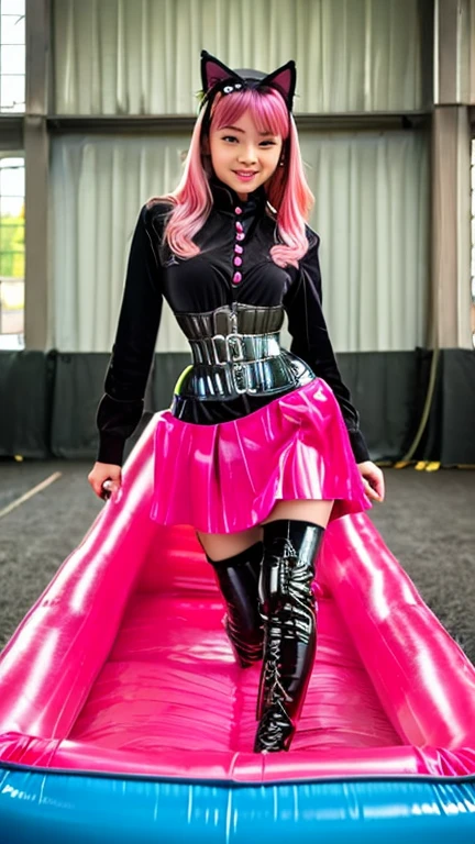 Asian teen solo with pink hair, straight hair, slim model, latex corset pink black , latex pleated skirt pink black, latex arm warmers, knee high latex boots, cat ears, bouncy castle
