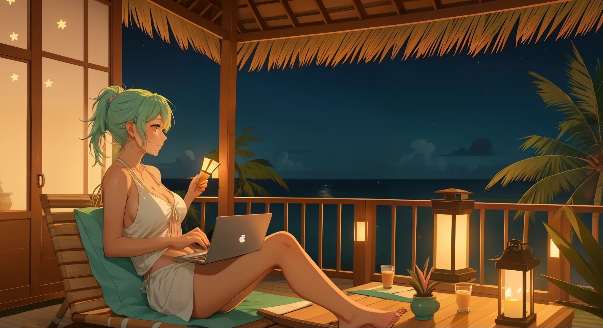 "A woman med boobs with pastel green and pink hair tied in a ponytail sits barefoot on a bamboo chair on a rooftop balcony overlooking a tropical island. She is dressed in a black tank top and loose beach shorts, typing on her laptop. A cup of coffee sits nearby, and the distant sound of waves reaching the shore blends with the gentle rustling of palm trees. The sky above is filled with stars, and the warm glow of lanterns on the balcony adds to the peaceful, island-night ambiance."
