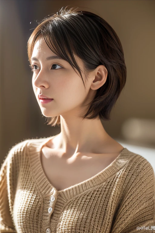 (Highest quality:1.4),(masterpiece:1.4),(Realistic:1.4),(Realistic:1.2),(超High resolution, RAW Photos:1.4),(High resolution, Very detailed:1.2),(8k:1.2),Movie Photos,Photographed in natural light, a photo of a dark-haired,one person's,smile,Summer clothes, Simple Earrings,alone,wear,((Upper Body:1.3))
