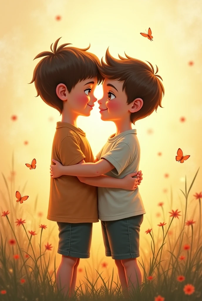 Two boys looking at the starry sky, hugged, with roses around and scars 